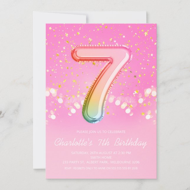 Pink Rainbow Balloon Letter Number Seven Birthday Invitation (Front)
