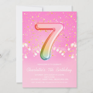 Pink Rainbow Balloon Letter Number Seven Birthday Invitation