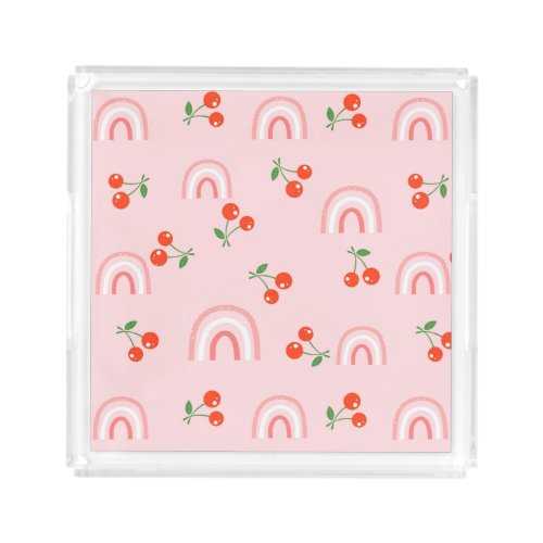 Pink Rainbow Cherry Pattern Acrylic Tray