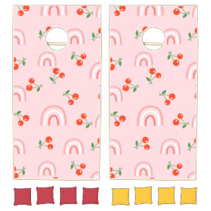 Pink Rainbow Cherry Pattern Cornhole Set