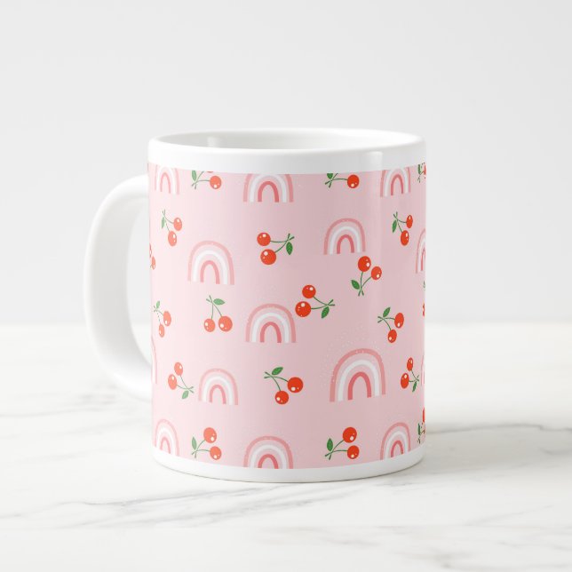 Pink Rainbow Cherry Pattern Giant Coffee Mug (Front Left)