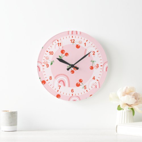 Pink Rainbow Cherry Pattern Large Clock