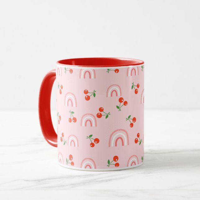 Pink Rainbow Cherry Pattern Mug (Front Left)