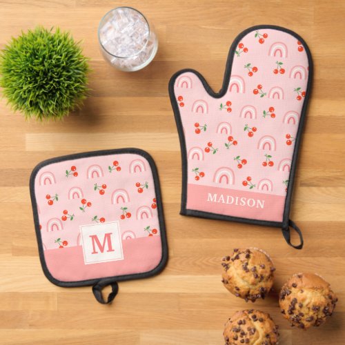 Pink Rainbow Cherry Pattern Oven Mitt  Pot Holder Set