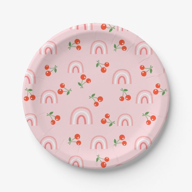 Pink Rainbow Cherry Pattern Paper Plates (Front)