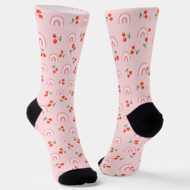 Pink Rainbow Cherry Pattern Socks (Angled)
