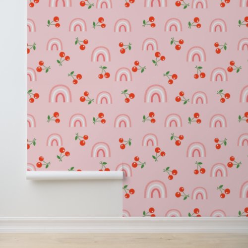 Pink Rainbow Cherry Pattern Wallpaper