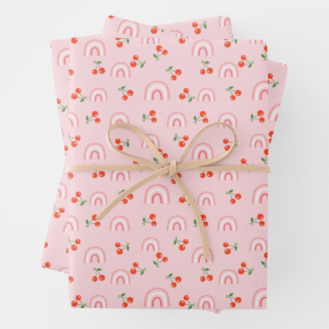 Pink Rainbow Cherry Pattern Wrapping Paper Sheets (In situ)