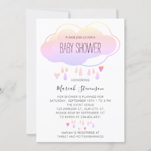 Pink Rainbow Cloud Watercolor Girl Baby Shower Invitation