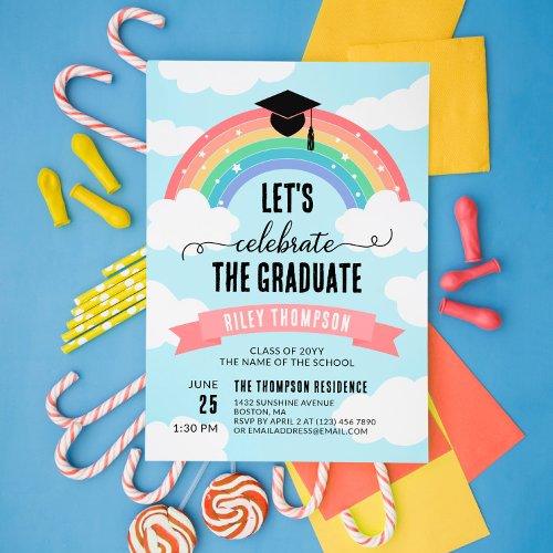 Pink Rainbow Clouds Lets Celebrate the Graduate Invitation