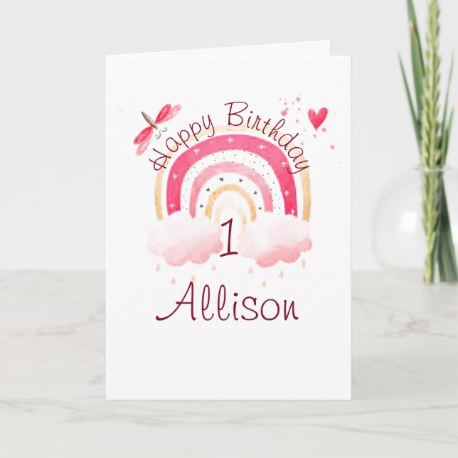Pink rainbow custom year personalized birthday card (Front)