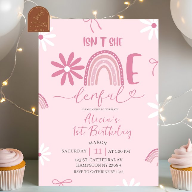 Pink Rainbow Daisy Coquette Girl 1st Birthday invi Invitation (Creator Uploaded)