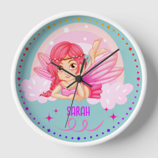 Pink Rainbow Fairy Personalized Nursery Wall Clock