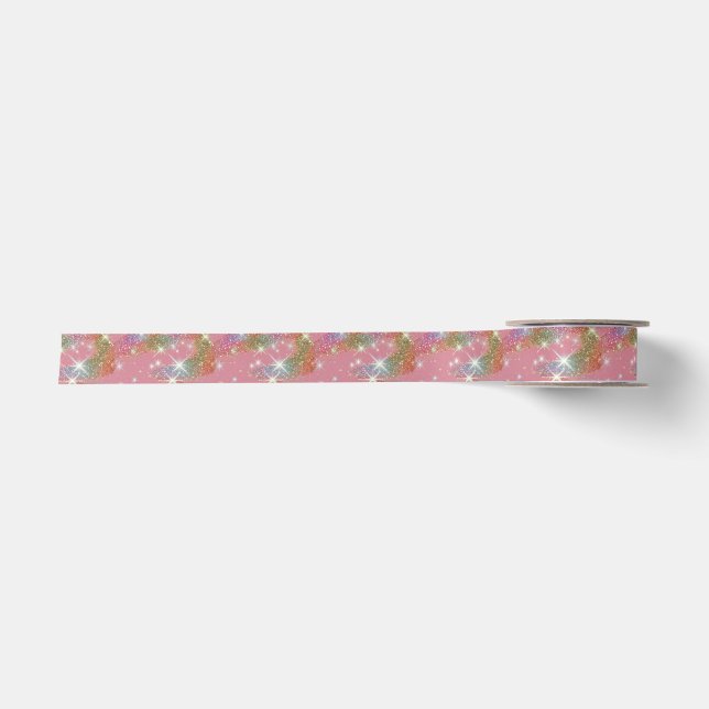 Pink Rainbow Faux Glitter Sparkle Pattern Satin Ribbon (Front)
