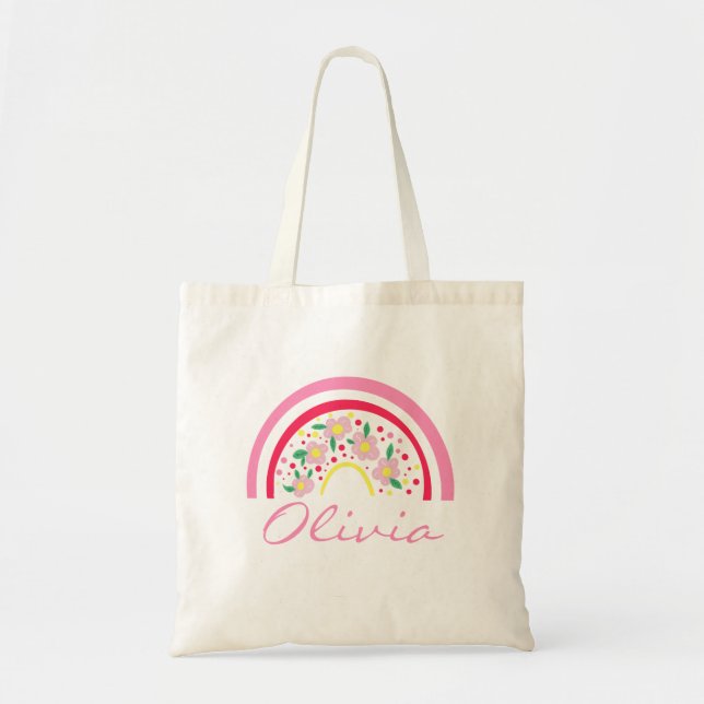 Pink Rainbow Floral Personalized Name Tote Bag (Front)