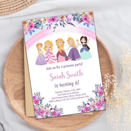 Pink Rainbow Floral Princess Birthday Invitations