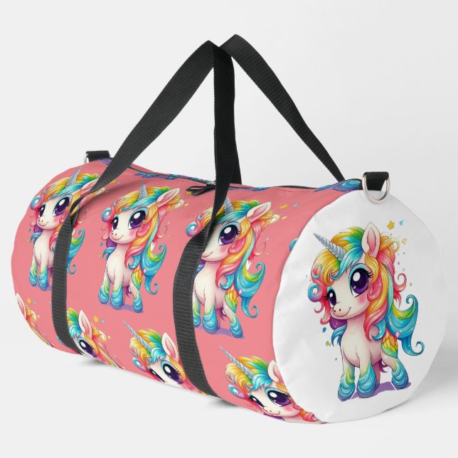 Pink Rainbow Girly Unicorn Large Duffle Bag (Left Corner)