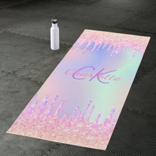 Pink rainbow glitter drips holographic monogram yoga mat