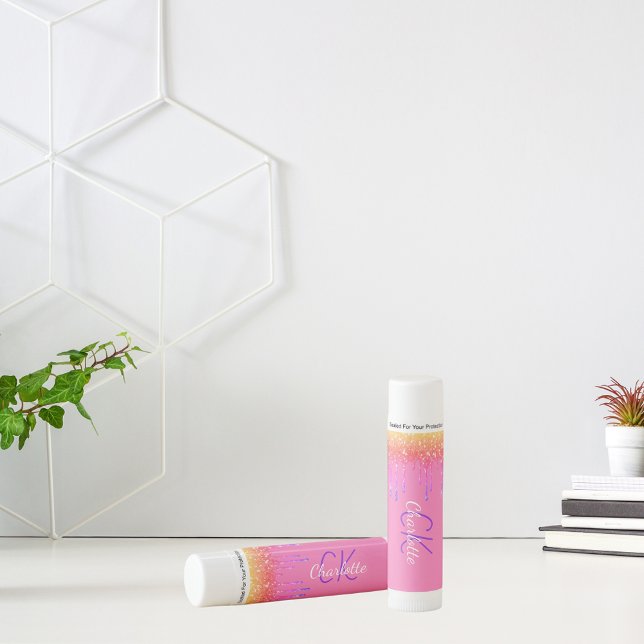 Pink rainbow glitter drips monogram girly lip balm (Creator Uploaded)