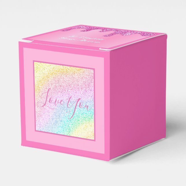 Pink Rainbow Glitter Personalized I Love You Gift  Favor Boxes (Front Side)