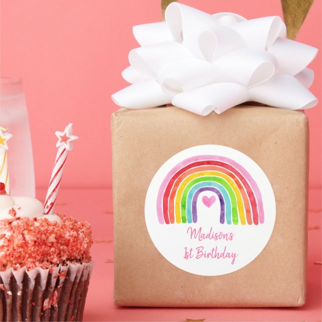 Pink Rainbow Heart Birthday Classic Round Sticker (Party)