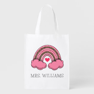 Pink Rainbow Heart Teacher Valentine's Day Grocery Bag