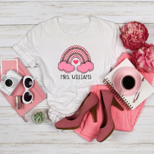 Pink Rainbow Heart Teacher Valentines Day T_Shirt