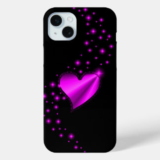 Pink Rainbow Heart with Stars on black iPhone 15 Plus Case