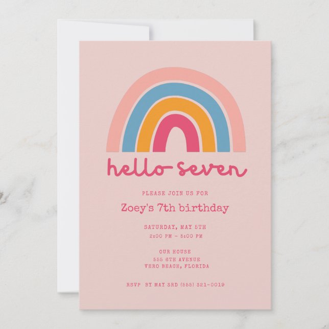 Pink Rainbow Hello Seven Girl 7th Birthday Party Invitation (Front)