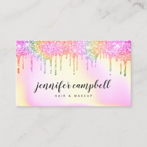 Pink rainbow holographic glitter drips makeup hair business card