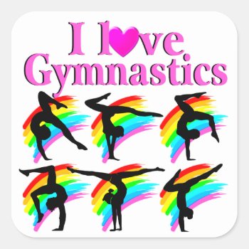 Pink Rainbow I Love Gymnastics Design Square Sticker by MySportsStar at Zazzle