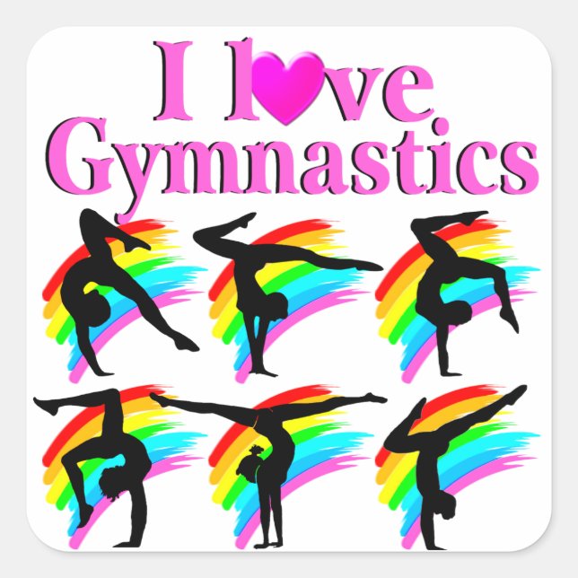 PINK RAINBOW I LOVE GYMNASTICS DESIGN SQUARE STICKER (Front)
