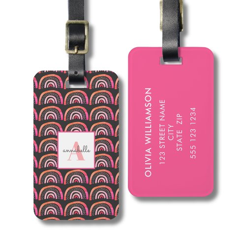 Pink rainbow initial first name luggage tag