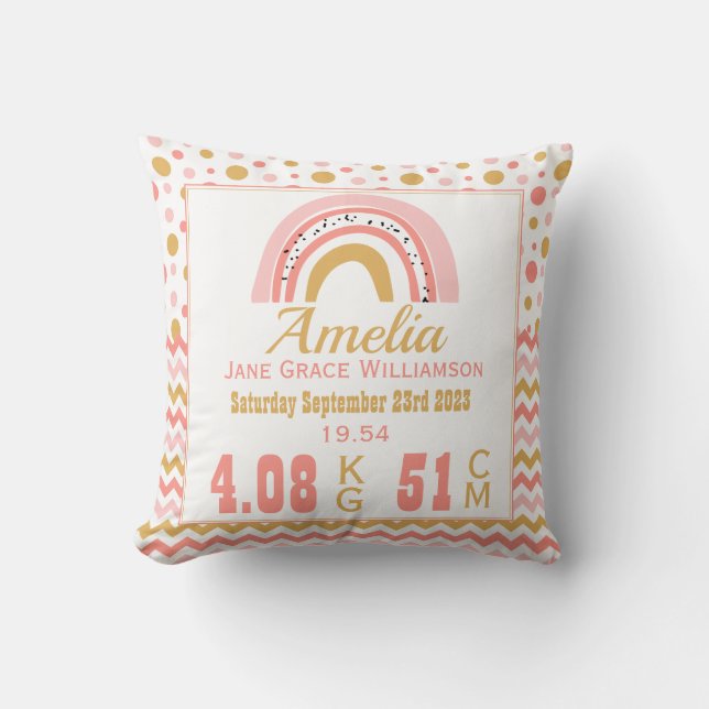 Pink Rainbow Metric Newborn Birth Stats Throw Pillow (Front)