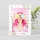 Pink Rainbow Modern 21st Birthday Party Invitation (Standing Front)