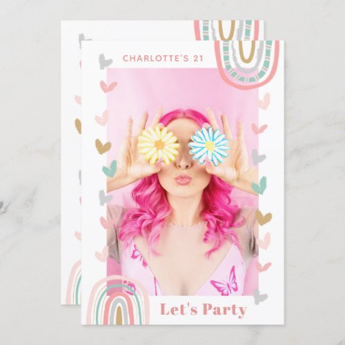 Pink Rainbow Modern 21st Birthday Party Invitation
