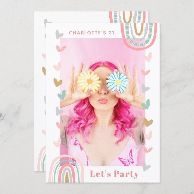 Pink Rainbow Modern 21st Birthday Party Invitation (Front/Back)