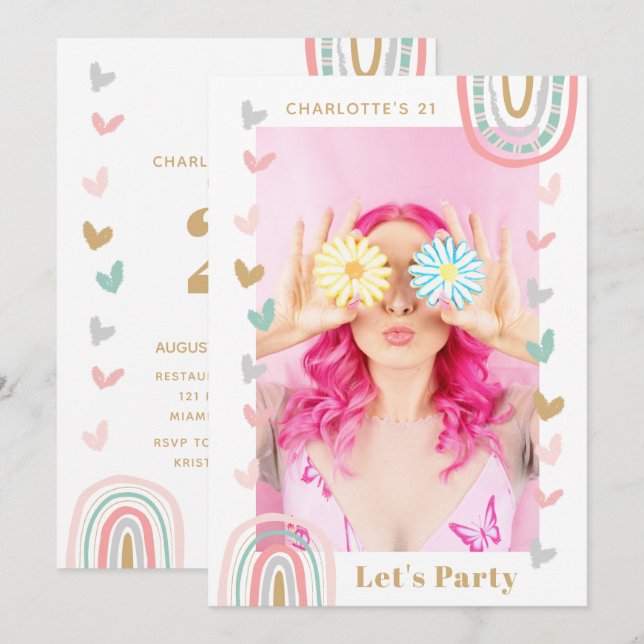 Pink Rainbow Modern Boho 21st Birthday Party Invitation (Front/Back)