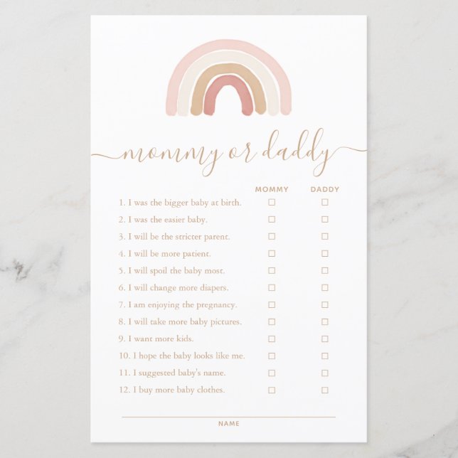 Pink Rainbow Mommy or Daddy Baby Shower Game (Front)