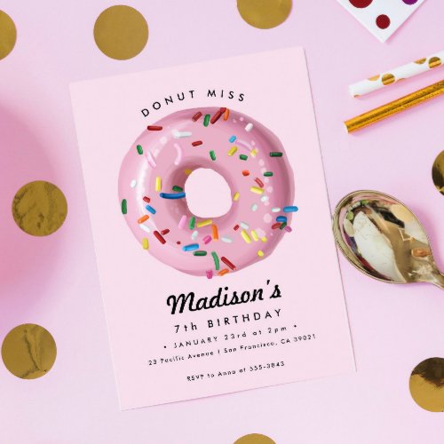 Pink Rainbow Sprinkle Donut Birthday Party Invitation