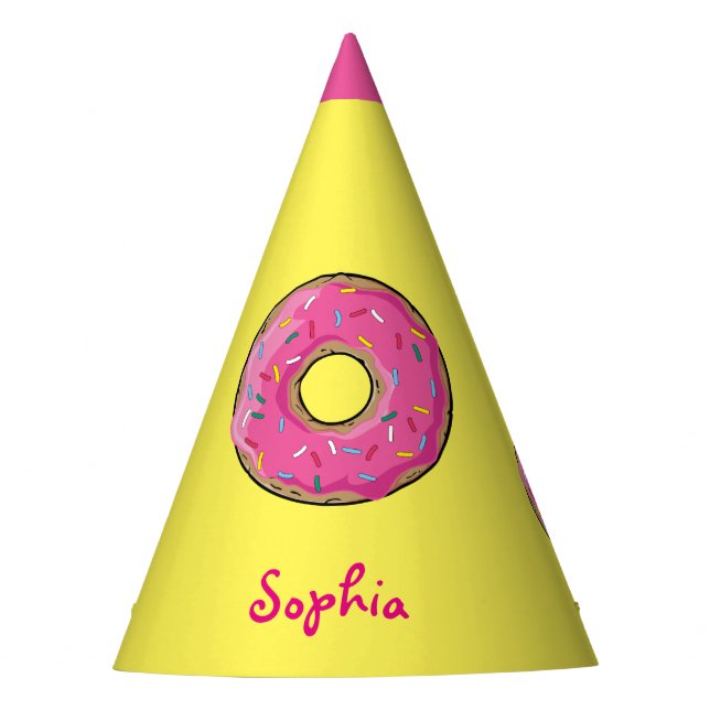 Pink Rainbow Sprinkle Donut Custom Name Party Hat (Front)