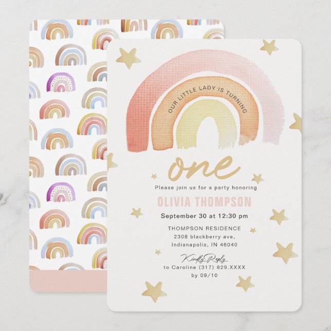 Pink Rainbow Stars First Birthday Party Invitation (Front/Back)