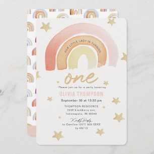Pink Rainbow Stars First Birthday Party Invitation