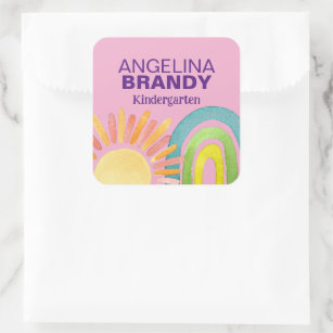 Pink Rainbow & Sun First Day of School Kids Labels