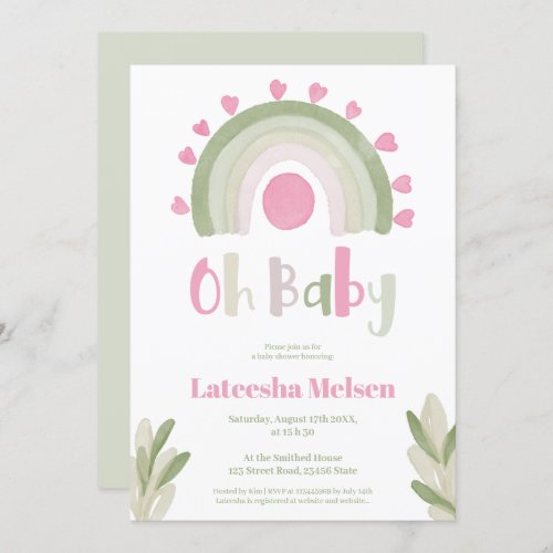 Pink rainbow sunshine watercolor baby shower invitation