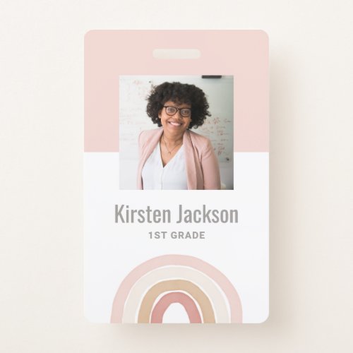 Pink Rainbow Teacher Name Tag Photo ID Badge