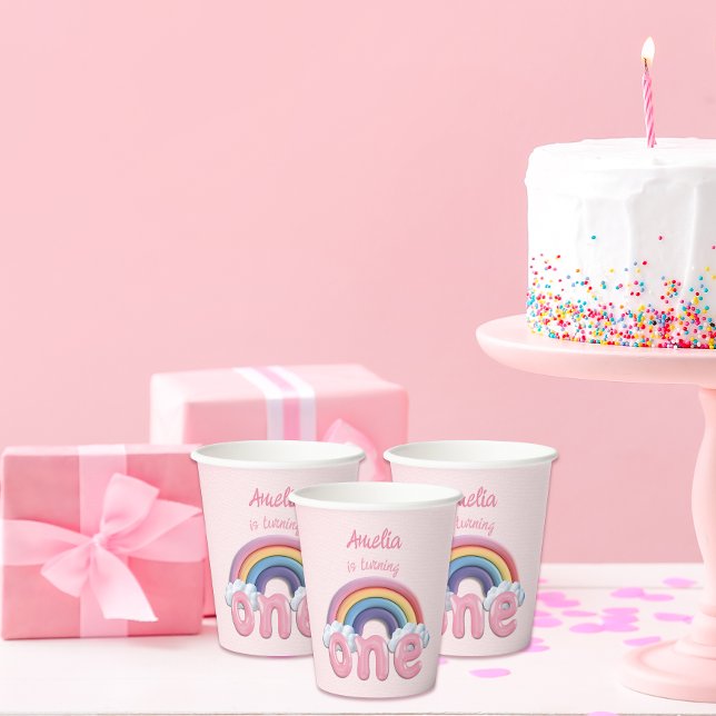 Pink Rainbow Turning One First Birthday Paper Cups (Creator Uploaded)