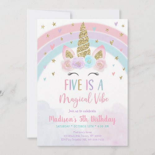 Pink Rainbow Unicorn 5th Birthday Invitation