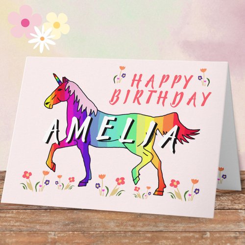 Pink Rainbow Unicorn Flower Girl Happy Birthday Card
