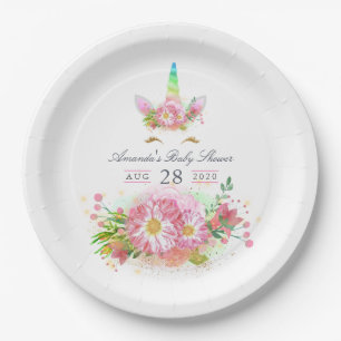 Pink Rainbow Unicorn Girl Baby Shower Paper Plates